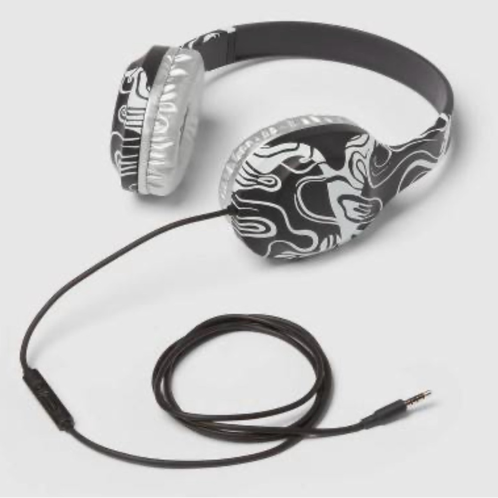 Stylish Wired Black Silver White Headphones Over Head